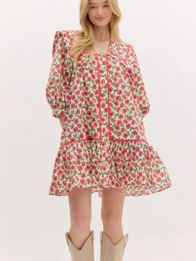 New Red Floral Cape Collar Quarter Sleeve Dress with Gold Daisy Buttons